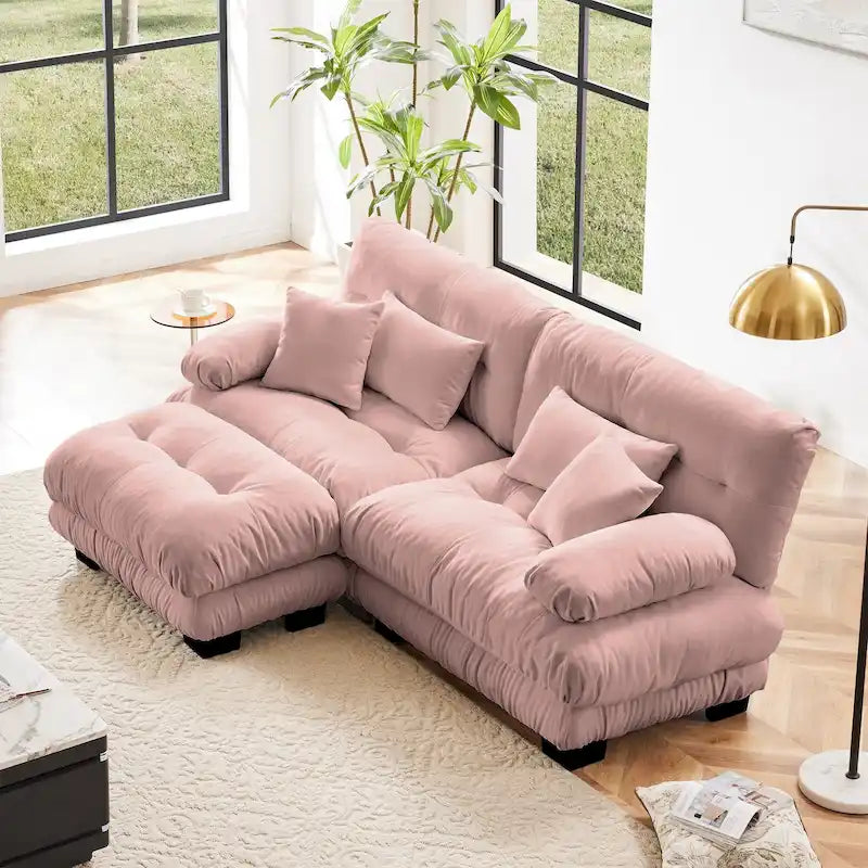 L-vormige loveseat, hoekbank van chenille met lendenkussens