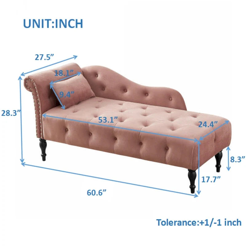 Moderne Chaiselongue, 60.6, mit Samtbezug, Knopfheftung, Beinen aus Massivholz und Ziernägeln