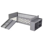 Lit mezzanine bas Whisen format une place pour enfants avec toboggan, bibliothèque de rangement mobile et barrières de sécurité