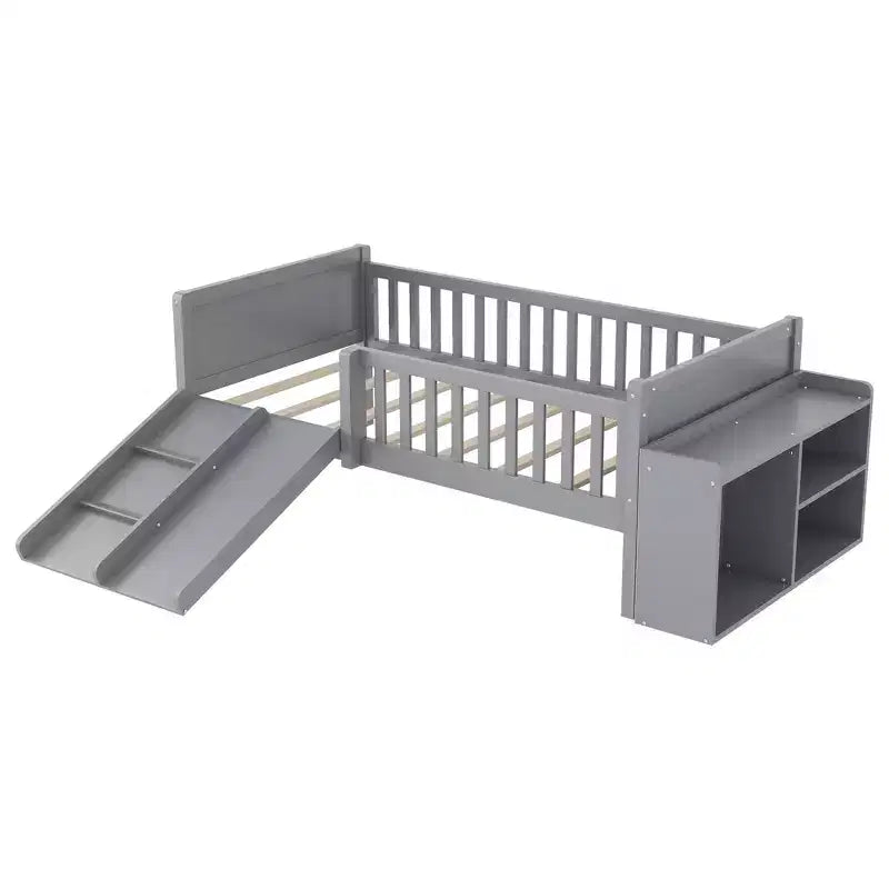 Lit mezzanine bas Whisen format une place pour enfants avec toboggan, bibliothèque de rangement mobile et barrières de sécurité