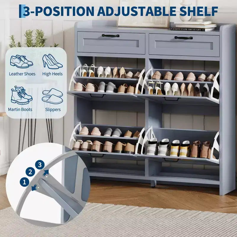 Schoenenkast met 4 klepdeuren en 2 bovenladen, houten schoenenkast met verstelbare plank, vrijstaand schoenenopbergmeubel