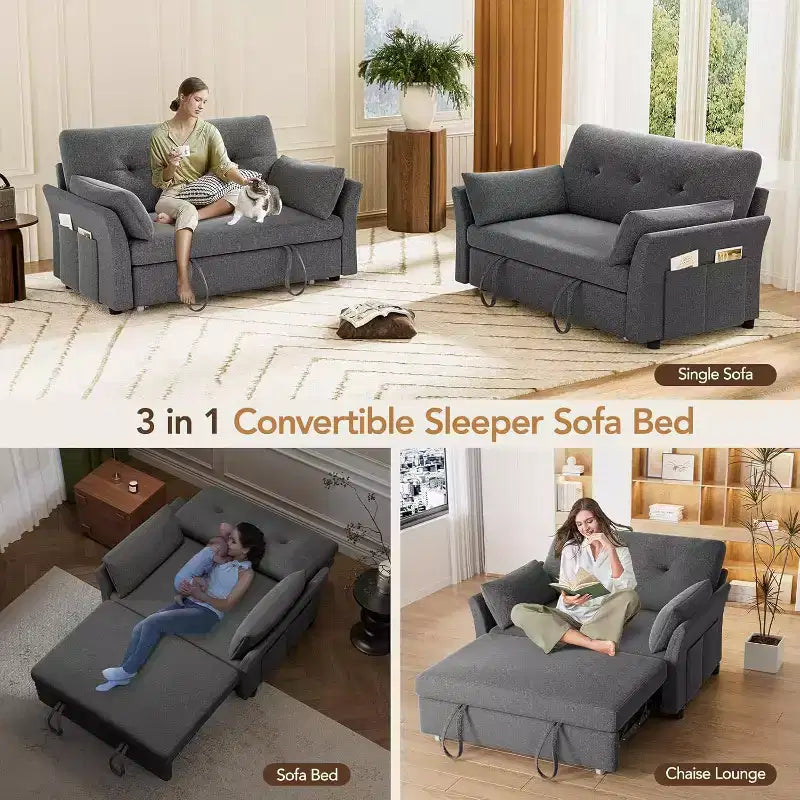Dyonery 3-in-1-Schlafsofa, ausziehbares Schlafsofa mit Seitentasche und verstellbarer Rückenlehne, werkzeugloser Aufbau, klappbares Zweisitzersofa