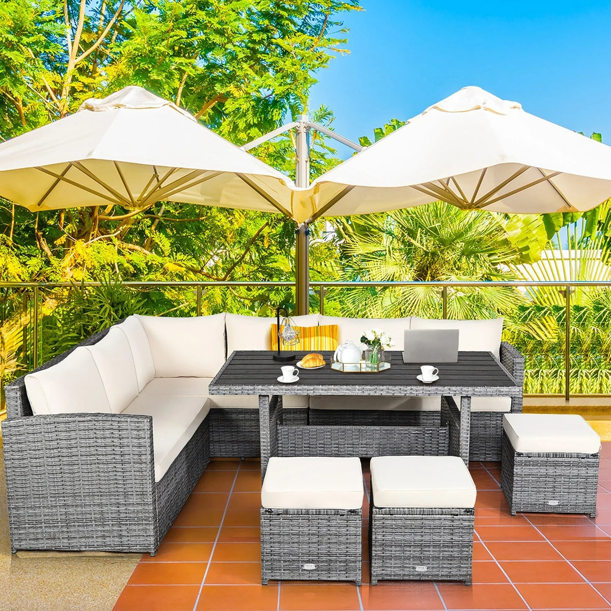 Costway 7-delige diningset van rotan voor het terras, modulaire bank, sofa en voetenbank - bekijk de details