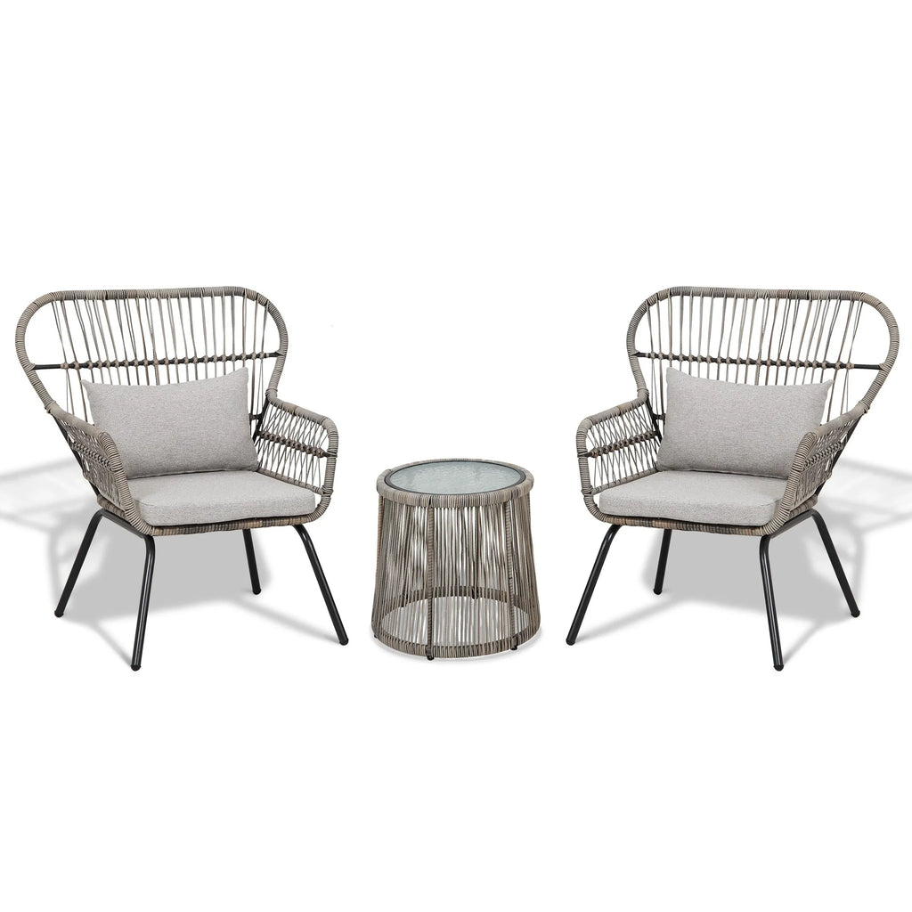 3-teiliges Outdoor-Bistroset aus Korbgeflecht, wetterfeste Rattan-Gartenmöbel mit Stühlen und Kissen