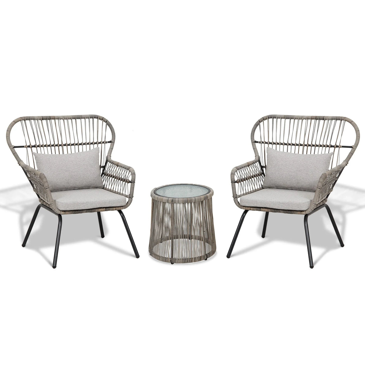 3-teiliges Outdoor-Bistroset aus Korbgeflecht, wetterfeste Rattan-Gartenmöbel mit Stühlen und Kissen