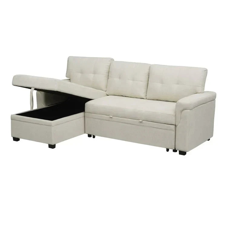 Canapé d’angle convertible et réversible avec lit escamotable, méridienne avec rangement dissimulé et pieds robustes
