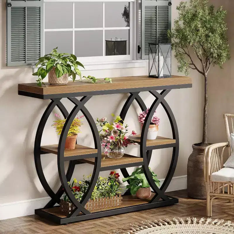 Lantine consoletafel van 39.4, industriële banktafel met 4 niveaus, haltafel met opbergplanken en metalen frame voor kleine ruimtes, gang en hal, bruin