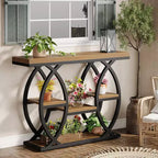 Lantine consoletafel van 39.4, industriële banktafel met 4 niveaus, haltafel met opbergplanken en metalen frame voor kleine ruimtes, gang en hal, bruin