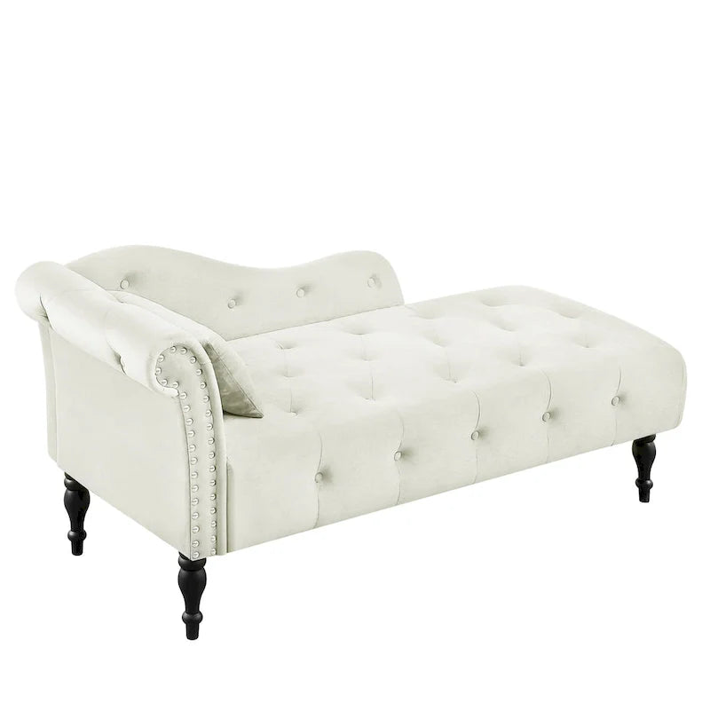 Moderne Chaiselongue, 60.6, mit Samtbezug, Knopfheftung, Beinen aus Massivholz und Ziernägeln
