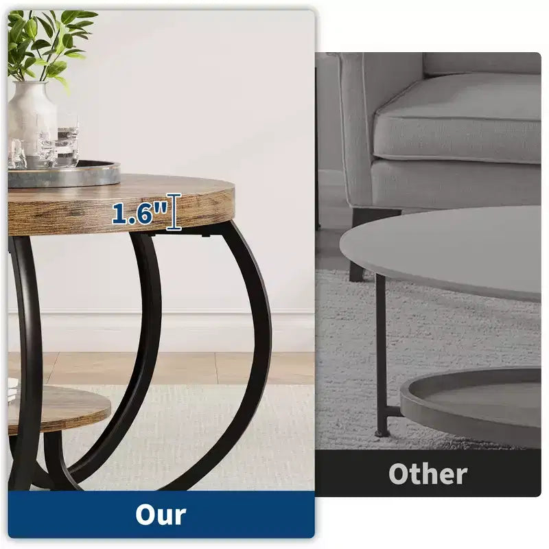 Runder Couchtisch im Industrial-Stil, 30 Inch, 2 Ablagen, verstellbare Füße, Ablage in Holzoptik, Flammendesign, einfacher Aufbau, Wohnzimmer