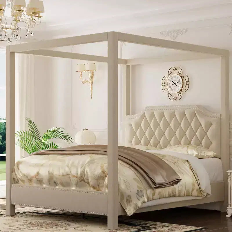 Betthimmelbettgestell in Queen-Size mit Stangen und 4 Eckhalterungen, Lattenrost aus Massivholz, kein Boxspring erforderlich, geräuschfrei