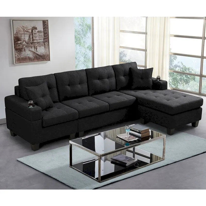 Wohnlandschaft mit L-förmiger Chaiselongue und Getränkehalter