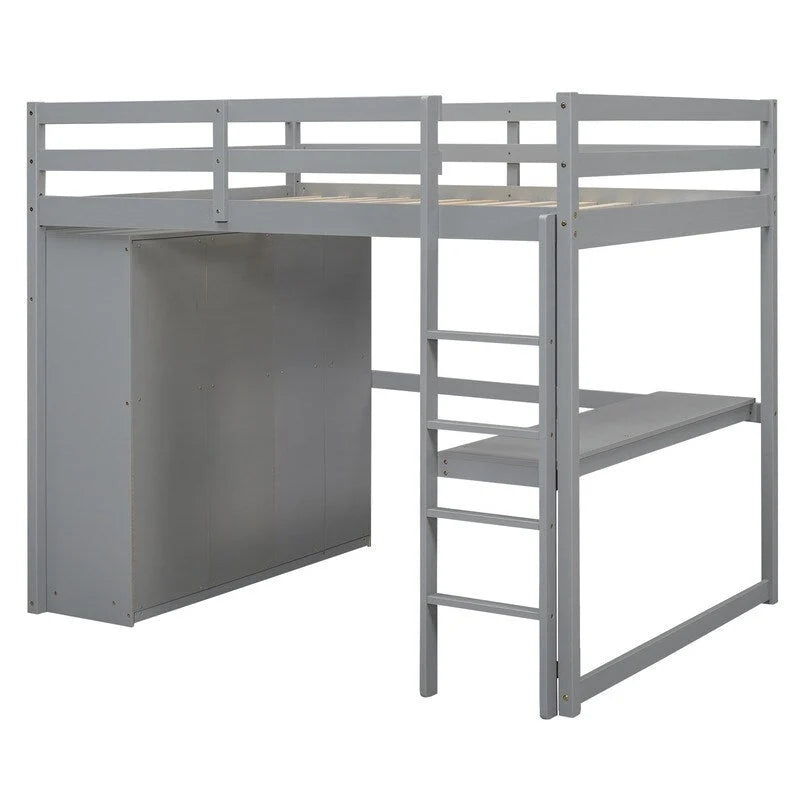 Hochbett aus Holz in Full-Größe mit integriertem Kleiderschrank, Schreibtisch, Ablagefächern und Schubladen