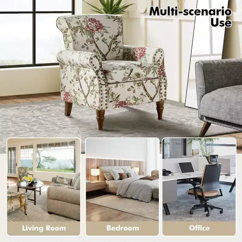 Araceli traditionele houten fauteuil met bloemenstof, hoge rugleuning met vleugels en siernagels| ART OF LIVING DESIGNS