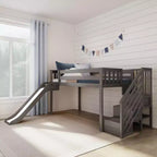 Kinder-Hochbett, niedrig, für Einzelmatratze, mit Rutsche und Treppe, Massivholz, 14 Schutzgittern, Tragkraft 400 lb