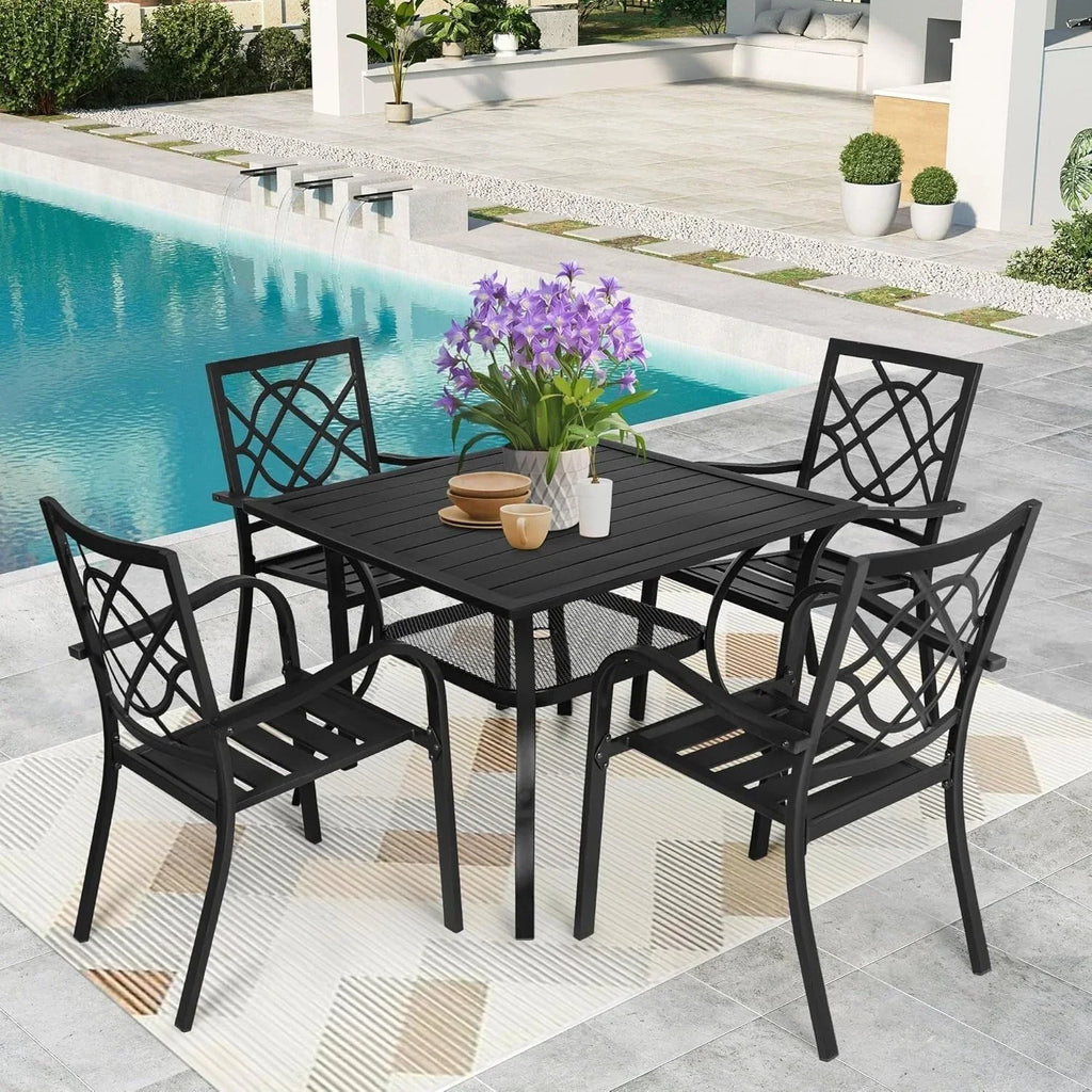 SUNCROWN 5-/7-teiliges Esstischset aus Stahl für die Terrasse, Metalltisch mit Lamellen und stapelbare Stühle, pulverbeschichtetes Gestell