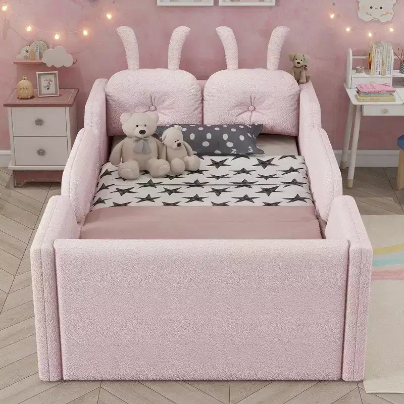 Lit plateforme simple Whisen, cadre de lit rembourré pour enfant au ras du sol avec coussin lapin et barrières latérales amovibles