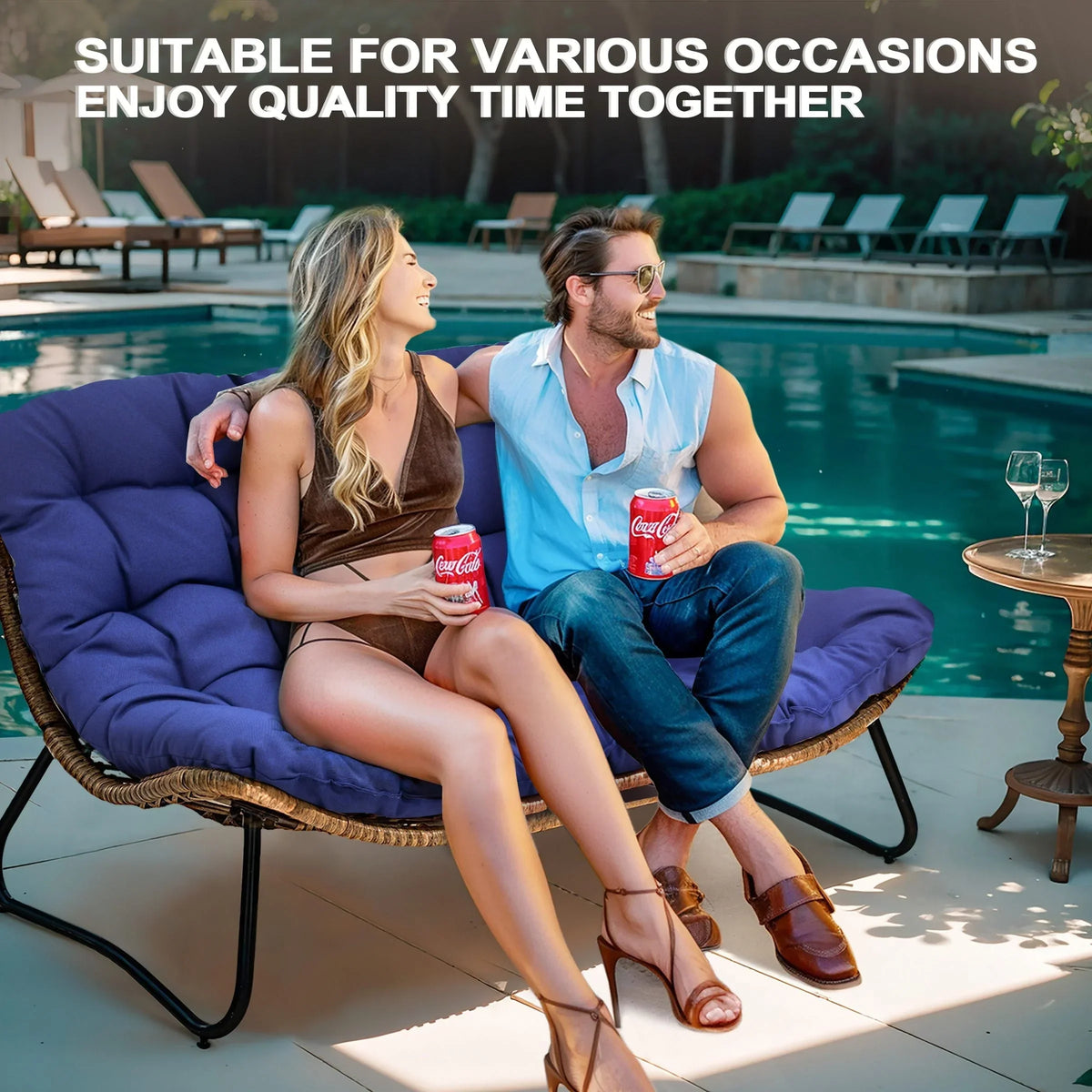 Dubbele papasan-loveseat met kussen, weerbestendig PE-rotan en metalen frame voor binnen en buiten