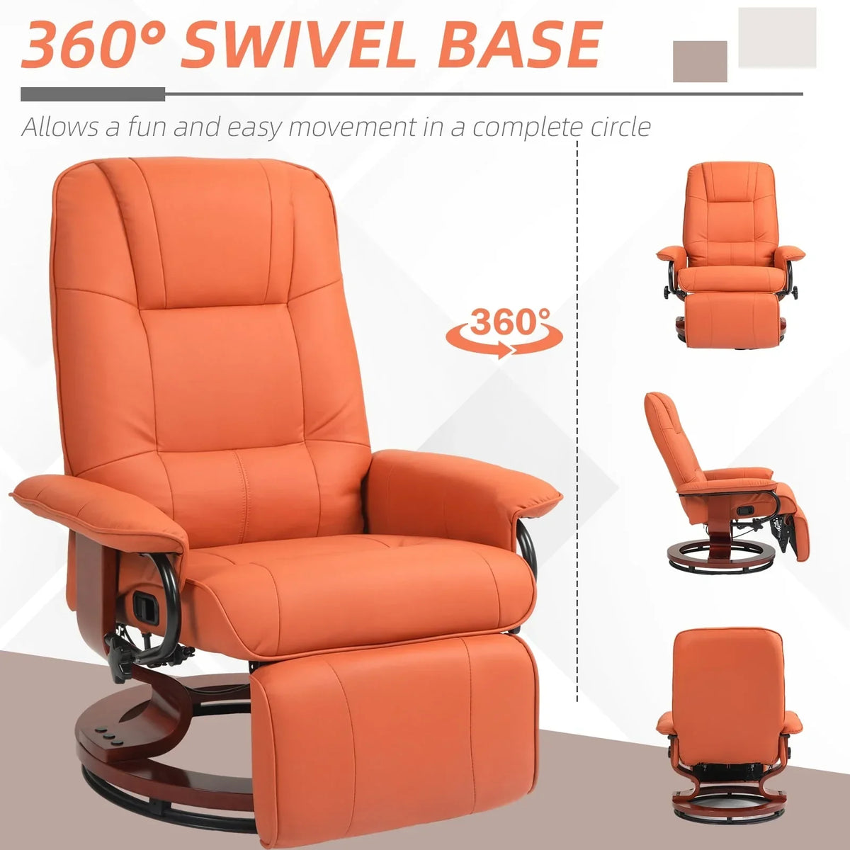 HomCom verstelbare handmatige relaxfauteuil van imitatieleer met draaivoet en comfortabele, ontspannende voetensteun