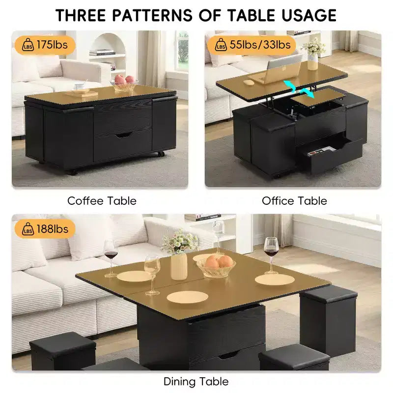 Multifunktionaler moderner Couchtisch mit Hubplatte und verstecktem Stauraum, 4 Hockern und Rollen, perfekt für moderne Wohnräume