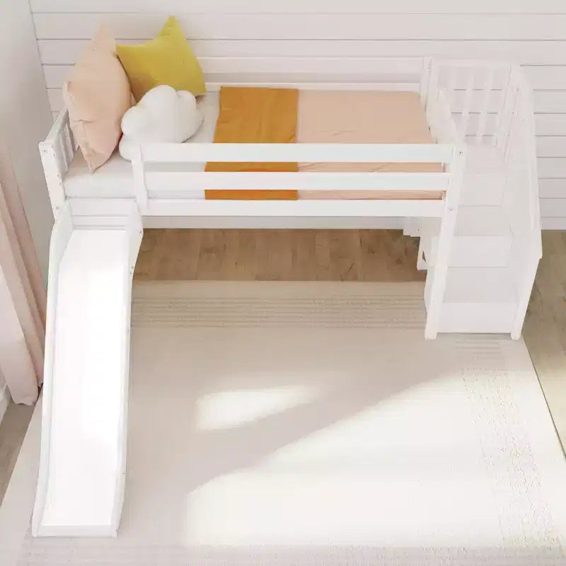 Kinder-Hochbett, niedrig, für Einzelmatratze, mit Rutsche und Treppe, Massivholz, 14 Schutzgittern, Tragkraft 400 lb