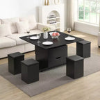 Multifunktionaler moderner Couchtisch mit Hubplatte und verstecktem Stauraum, 4 Hockern und Rollen, perfekt für moderne Wohnräume