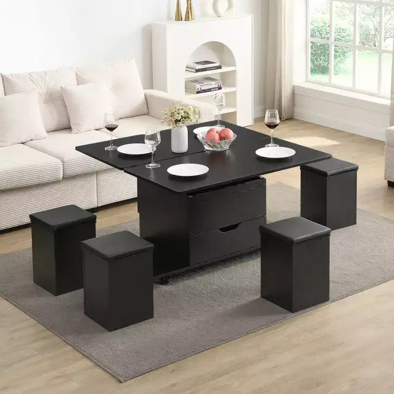 Multifunktionaler moderner Couchtisch mit Hubplatte und verstecktem Stauraum, 4 Hockern und Rollen, perfekt für moderne Wohnräume
