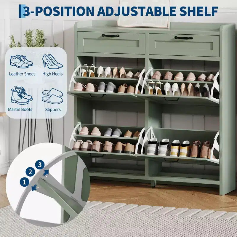 Schoenenkast met 4 klepdeuren en 2 bovenladen, houten schoenenkast met verstelbare plank, vrijstaand schoenenopbergmeubel