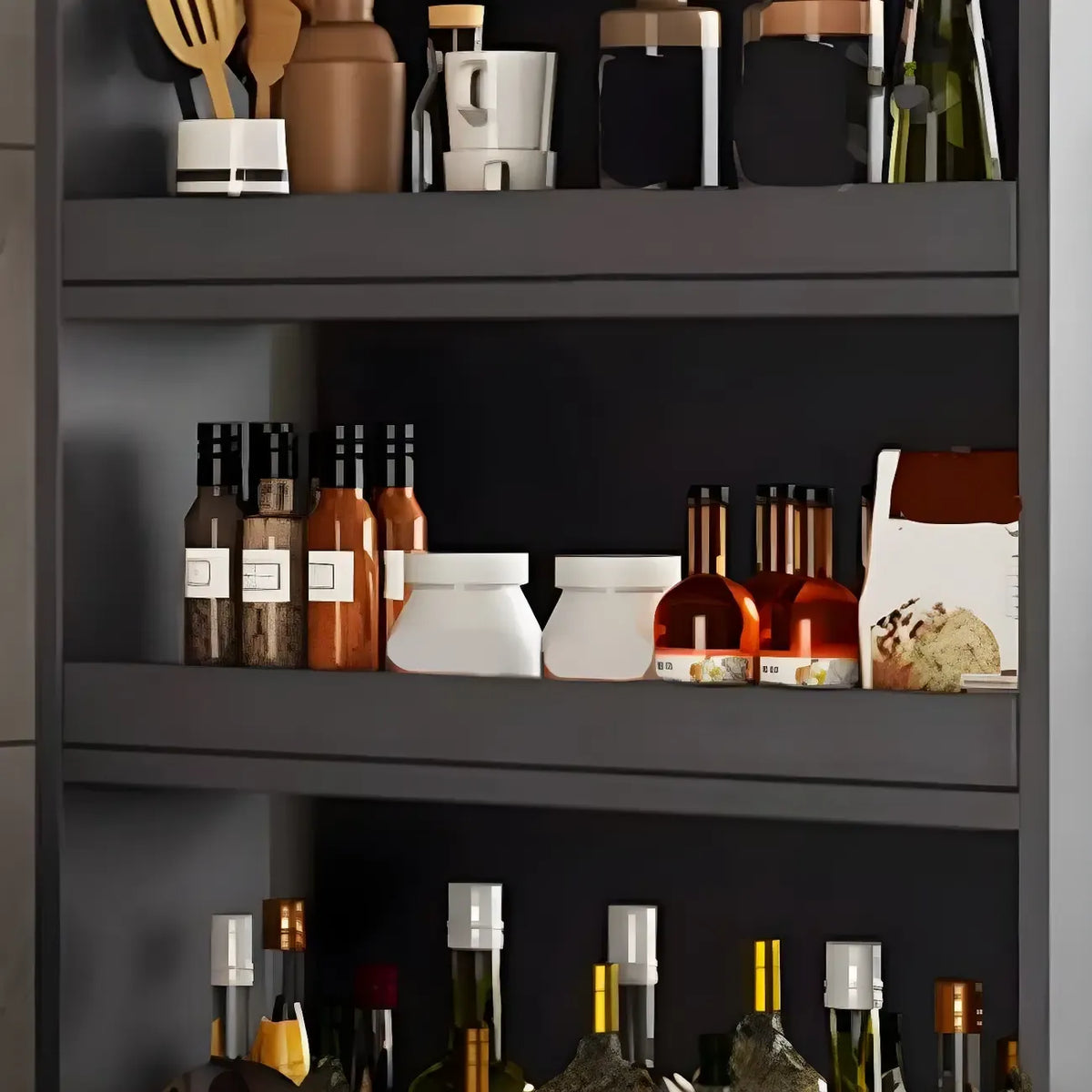 Moderne houten buffetkast met open planken en zwenkwiel