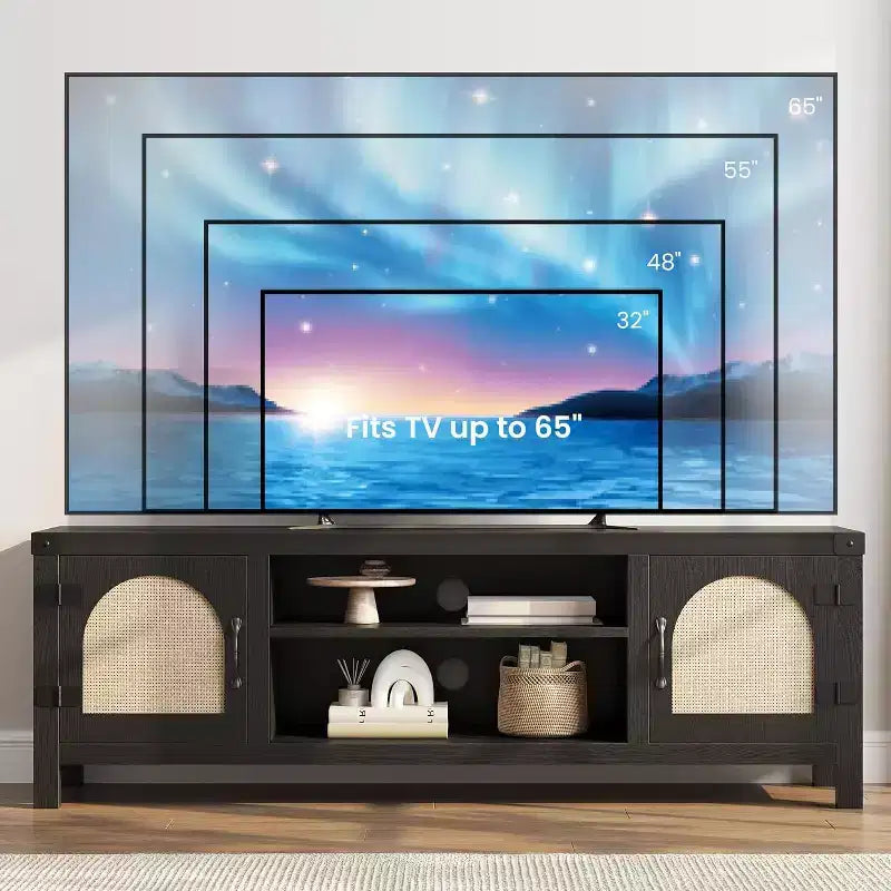 65-Zoll-TV-Ständer im Bohème-Stil mit Rattantür - Unterhaltungscenter aus Holz mit zwei Schränken und verstellbaren Einlegeböden, geeignet für Wohnzimmer