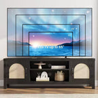 65-Zoll-TV-Ständer im Bohème-Stil mit Rattantür - Unterhaltungscenter aus Holz mit zwei Schränken und verstellbaren Einlegeböden, geeignet für Wohnzimmer