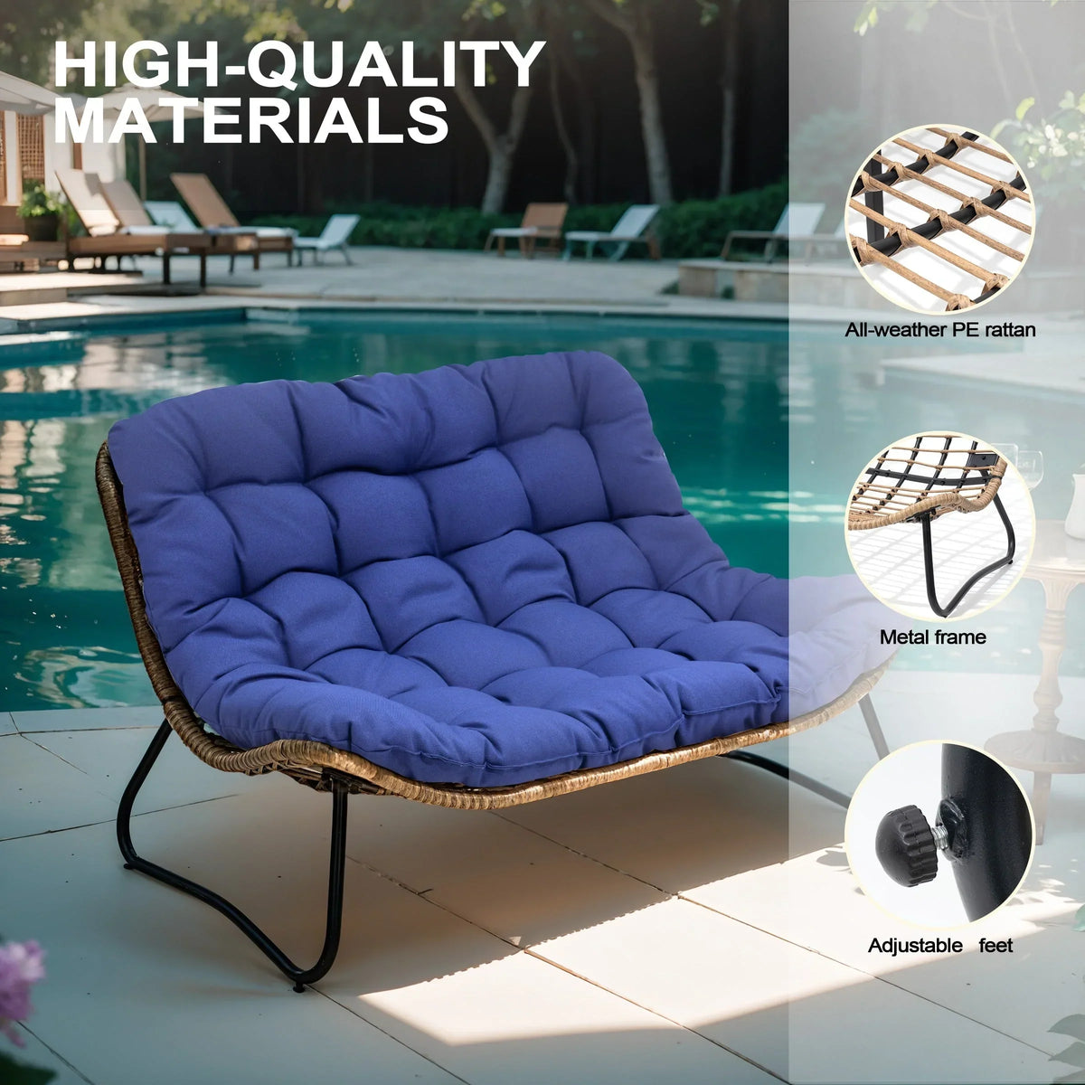 Dubbele papasan-loveseat met kussen, weerbestendig PE-rotan en metalen frame voor binnen en buiten