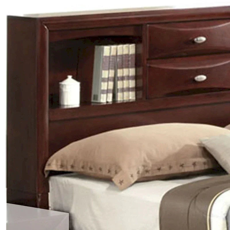 Bed met paneelontwerp, queensize, met boekenkast en lades, bruin