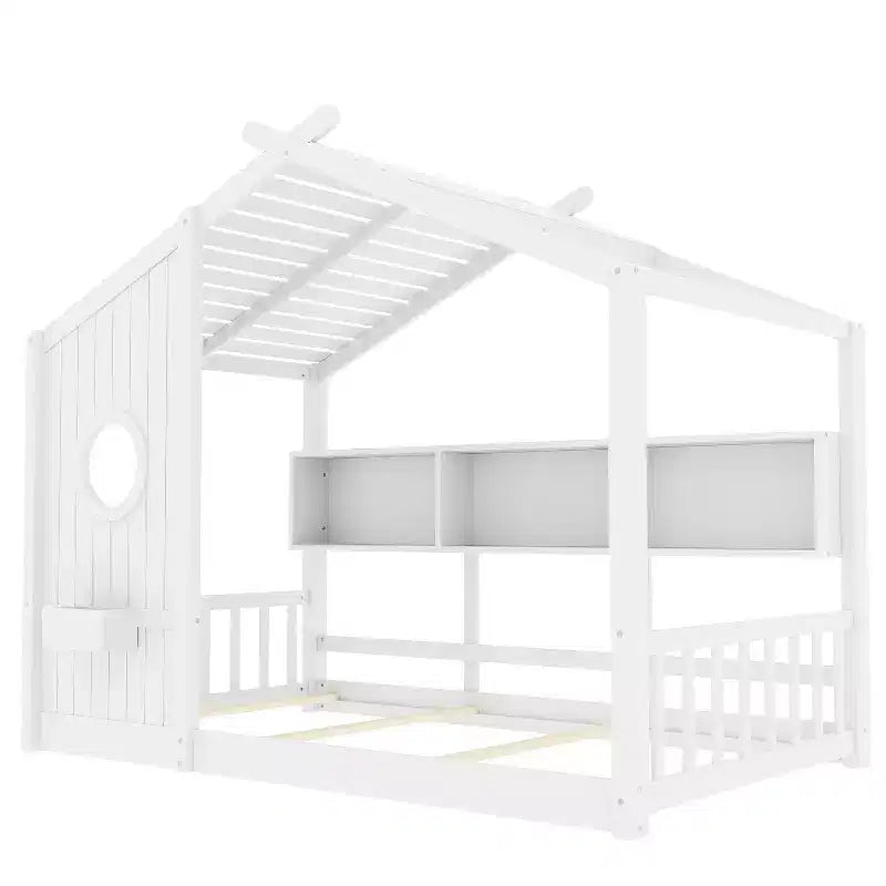 Eenpersoons-/tweepersoonsbed in huisvorm met platformbedframe, peuterbed op de vloer, Montessori-bed voor kinderen, speelhuisbed met opbergplank - ModernLuxe