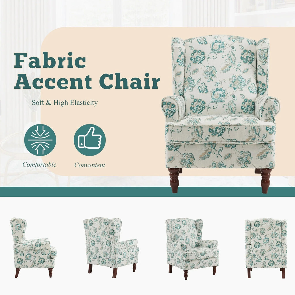 Erommy moderne fauteuil, fauteuil met hoge rugleuning, gestoffeerde eenzitsbank met knopen en houten poten voor de woonkamer