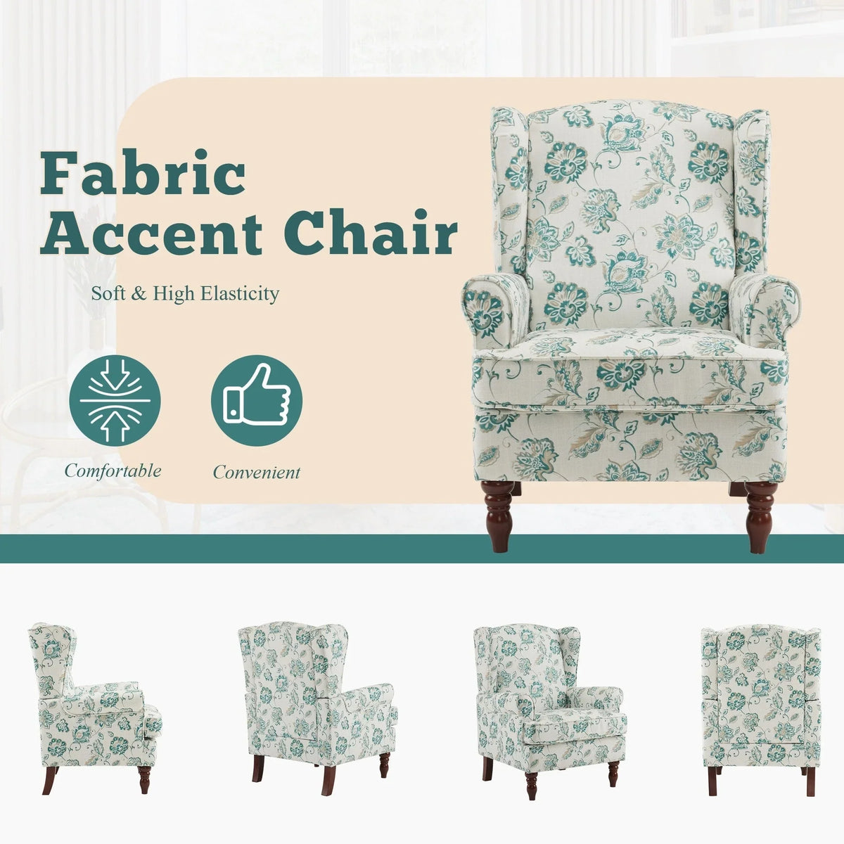 Erommy moderne fauteuil, fauteuil met hoge rugleuning, gestoffeerde eenzitsbank met knopen en houten poten voor de woonkamer