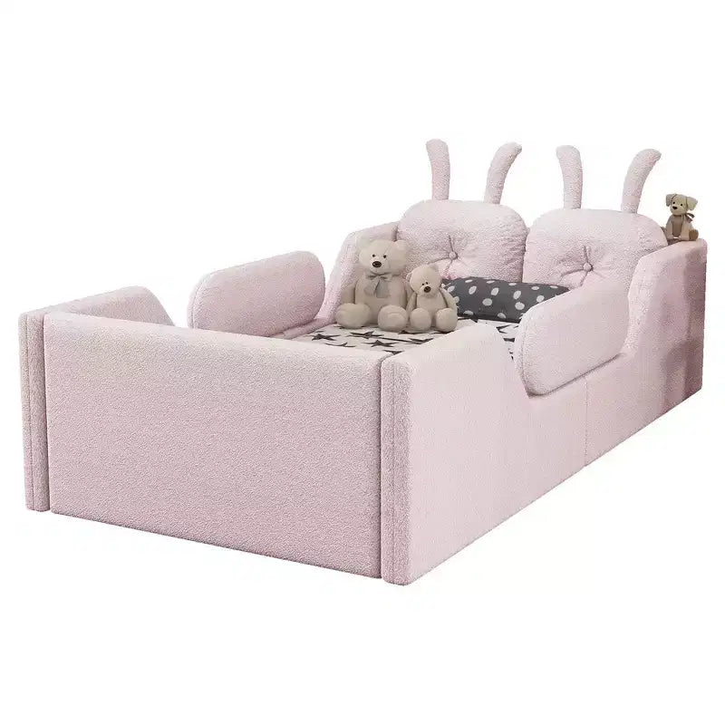 Lit plateforme simple Whisen, cadre de lit rembourré pour enfant au ras du sol avec coussin lapin et barrières latérales amovibles
