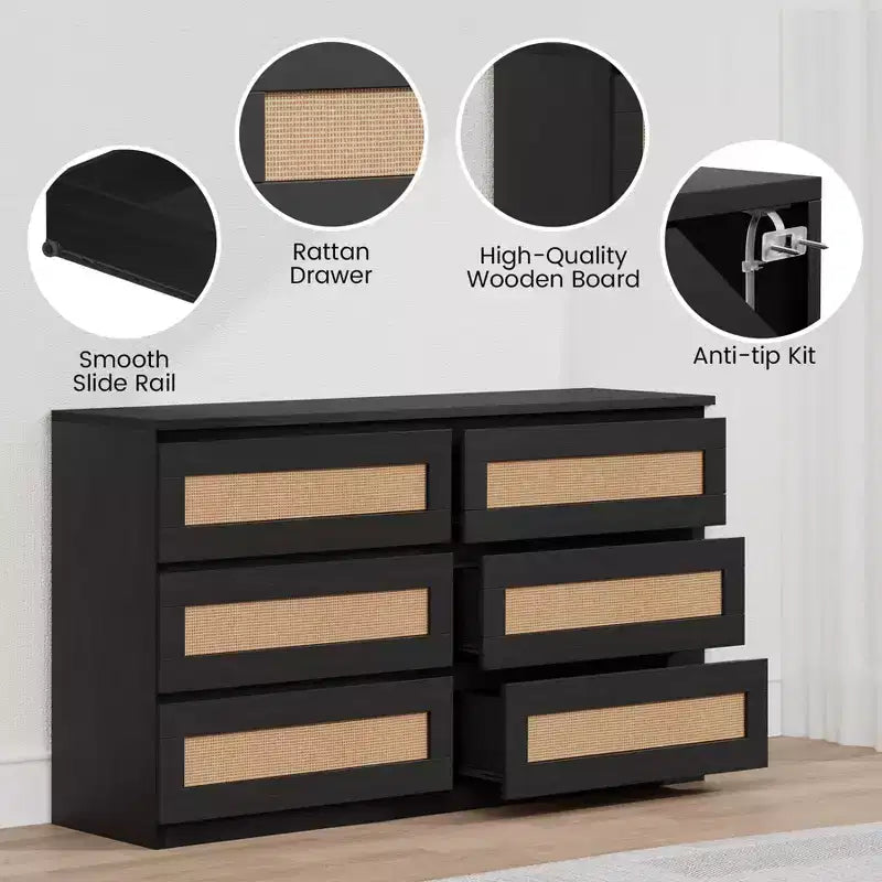 Rattan-Kommode fürs Schlafzimmer mit 6 Schubladen, 47 breite Kommode im modernen Landhausstil, Holz-Aufbewahrungsschrank und Organizer für Kleiderschrank, Wohnzimmer und Flur