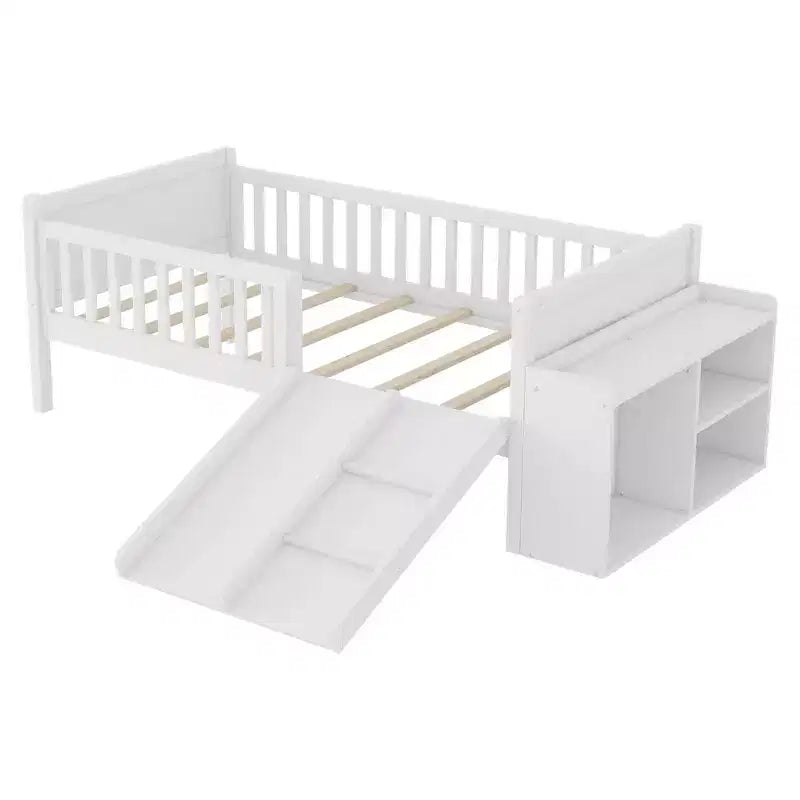 Lit mezzanine bas Whisen format une place pour enfants avec toboggan, bibliothèque de rangement mobile et barrières de sécurité