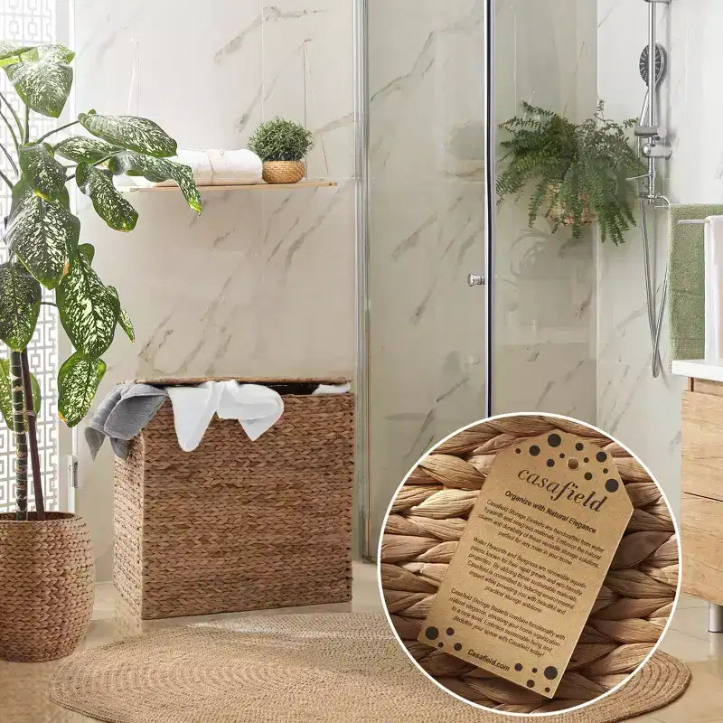Casafield Wäschekorb mit 2 Fächern, Deckel und herausnehmbaren Wäschesäcken, geflochtener Wäschekorb aus Wasserhyazinthe zum Sortieren von Kleidung