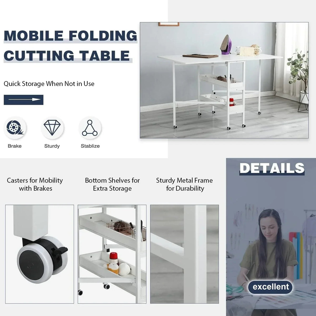 In hoogte verstelbare knutseltafel met opbergplanken, mobiele opvouwbare snijtafel voor thuiskantoor, naaikamer of hobbykamer