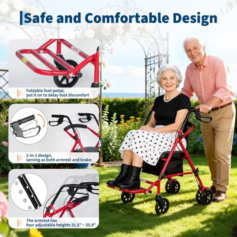 Tragbarer, zusammenklappbarer Rollstuhl für Erwachsene, Tragkraft 299lb, 6 Räder, höhenverstellbar, Stauraum unter dem Sitz, bequemer Sitz und Fußpedale