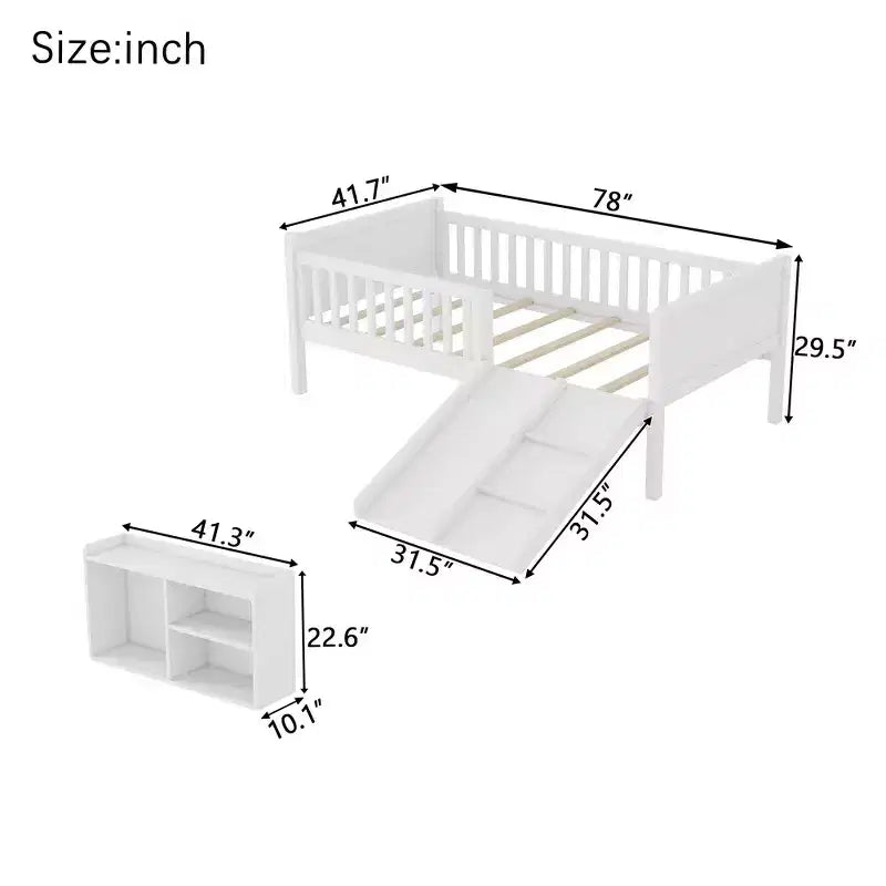 Lit mezzanine bas Whisen format une place pour enfants avec toboggan, bibliothèque de rangement mobile et barrières de sécurité
