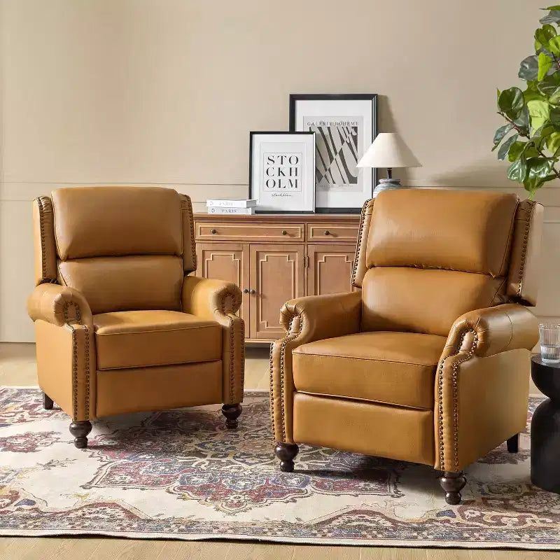 2er-Set moderner Ohrensessel aus Echtleder Elisabete mit Vintage-Nagelkopfverzierung für Wohnzimmer und Schlafzimmer| ART OF LIVING DESIGNS