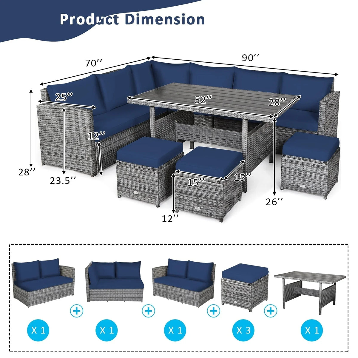 Costway 7-delige diningset van rotan voor het terras, modulaire bank, sofa en voetenbank - bekijk de details