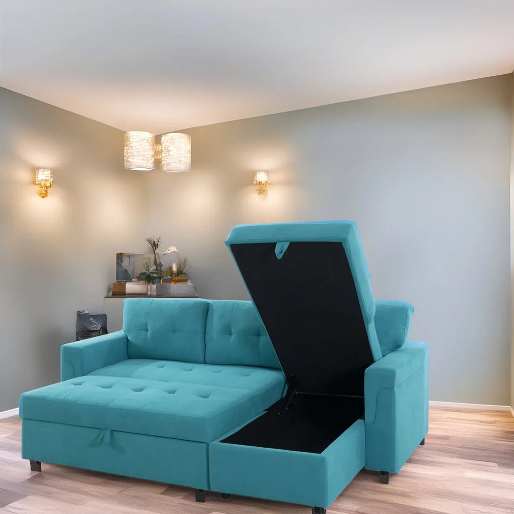 Canapé d’angle convertible et réversible avec lit escamotable, méridienne avec rangement dissimulé et pieds robustes