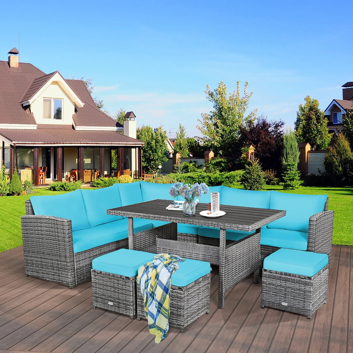 Costway 7-delige diningset van rotan voor het terras, modulaire bank, sofa en voetenbank - bekijk de details