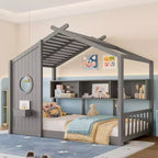 Eenpersoons-/tweepersoonsbed in huisvorm met platformbedframe, peuterbed op de vloer, Montessori-bed voor kinderen, speelhuisbed met opbergplank - ModernLuxe