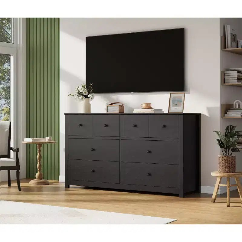 Moderne Kommode mit 8 Schubladen fürs Schlafzimmer, breite Holzkommode mit tiefem Stauraum, freistehender Ordnungsschrank für das Wohnzimmer