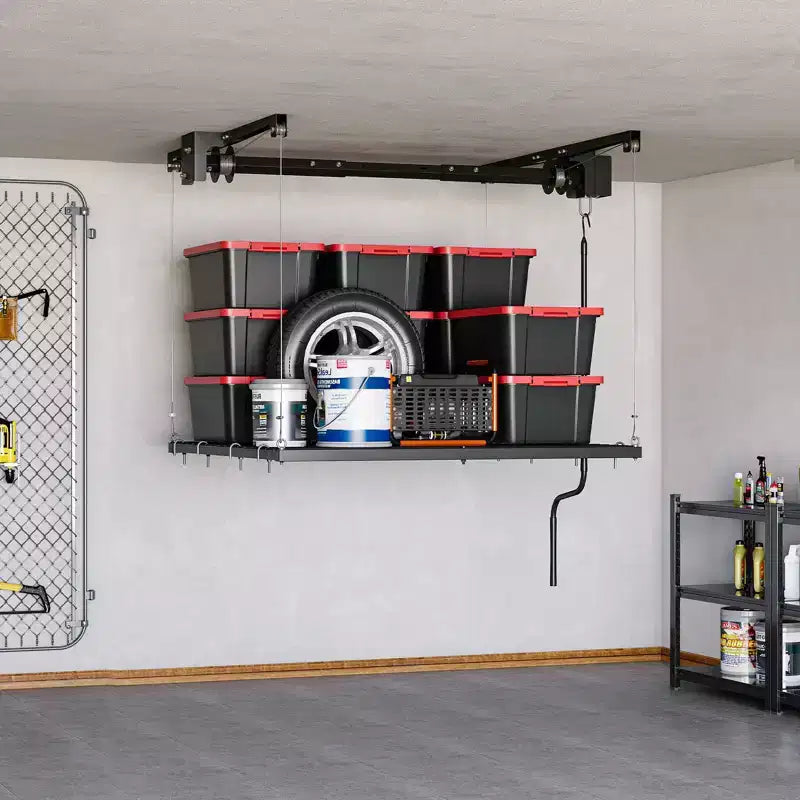 Verstelbaar, zwaar uitgevoerd plafondrek voor garageopslag, met veiligheidsvergrendeling, draagvermogen van 250 lb voor bakken, gereedschap, fietsen en garagebenodigdheden